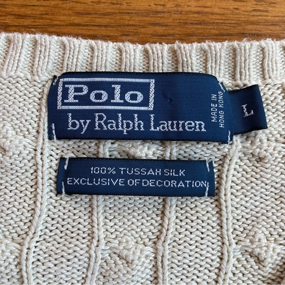 Polo by Ralph Lauren Men Cable Knit Sweater L 100% Tussah Silk V-Neck Pony Logo - Picture 3 of 11